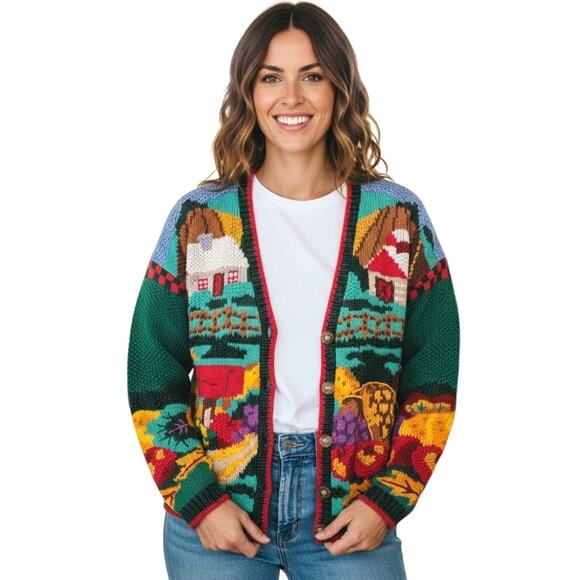VTG Cardigan Bay HandKnit Cardigan Sweater Women's Fall Landscape Scenic Farm - Picture 1 of 11